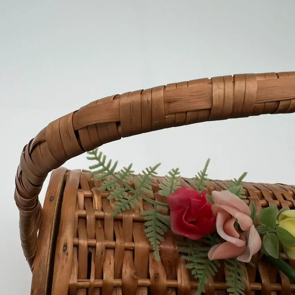 Vintage Wicker Basket Handbag Floral Accent Purse Cottagecore Garden Party 1950s